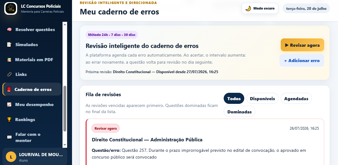 Caderno de erros real da plataforma
