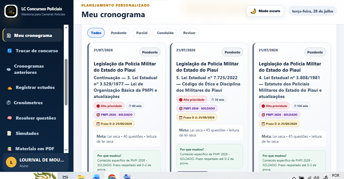 Tela real do cronograma personalizado